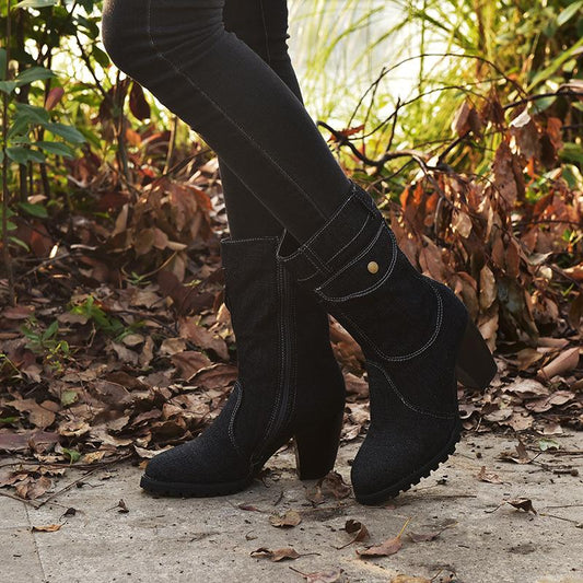 High-Heeled Denim Medium-Length Women'S Boots