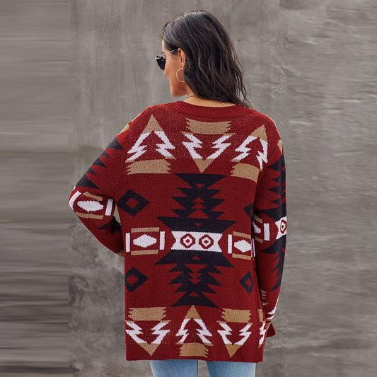 Medium And Long Cardigan Sweater Women Winter New Geometric Pattern Baggy Sweater
