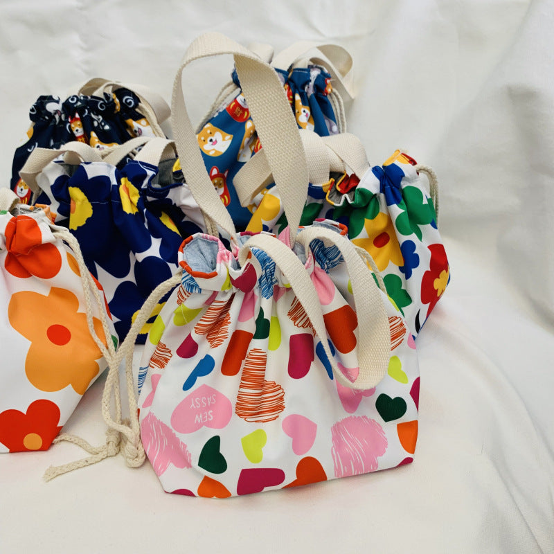 Cute Cartoon Flower Dog Lunch Bag Waterproof Drawstring Tote