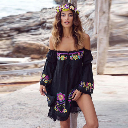 Women'S Holiday Dress Embroidered Off Shoulder Lace Stitched Flare Sleeve Bohemian Dress