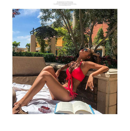 Solid Color Red Swimsuit Women Split Bikini Chest Strap High Waist Cover Belly Ins Style Show Thin Sexy Hot Spring Swimsuit