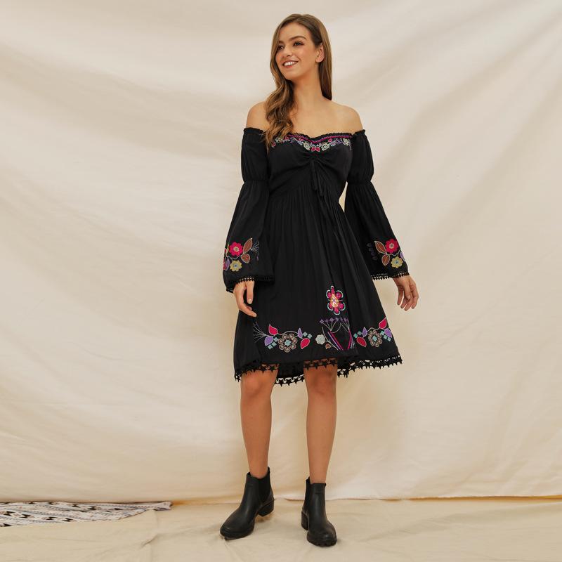 Women'S Holiday Dress Embroidered Off Shoulder Lace Stitched Flare Sleeve Bohemian Dress