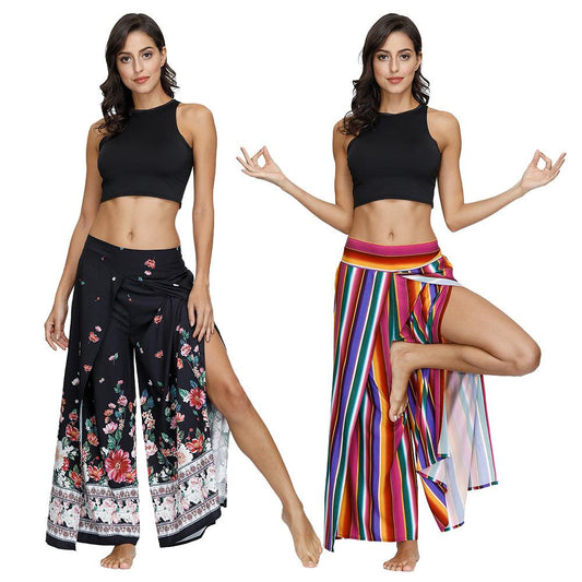 Floral Digital Print Women'S Split Casual Pants Fashion Loose Wide Leg Pants Two Layers Yoga Boho Style Pants