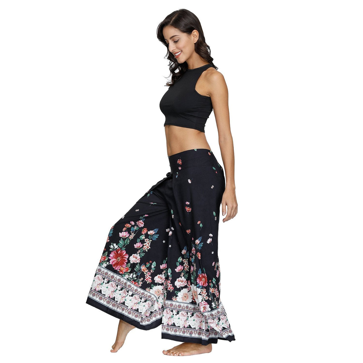 Floral Digital Print Women'S Split Casual Pants Fashion Loose Wide Leg Pants Two Layers Yoga Boho Style Pants