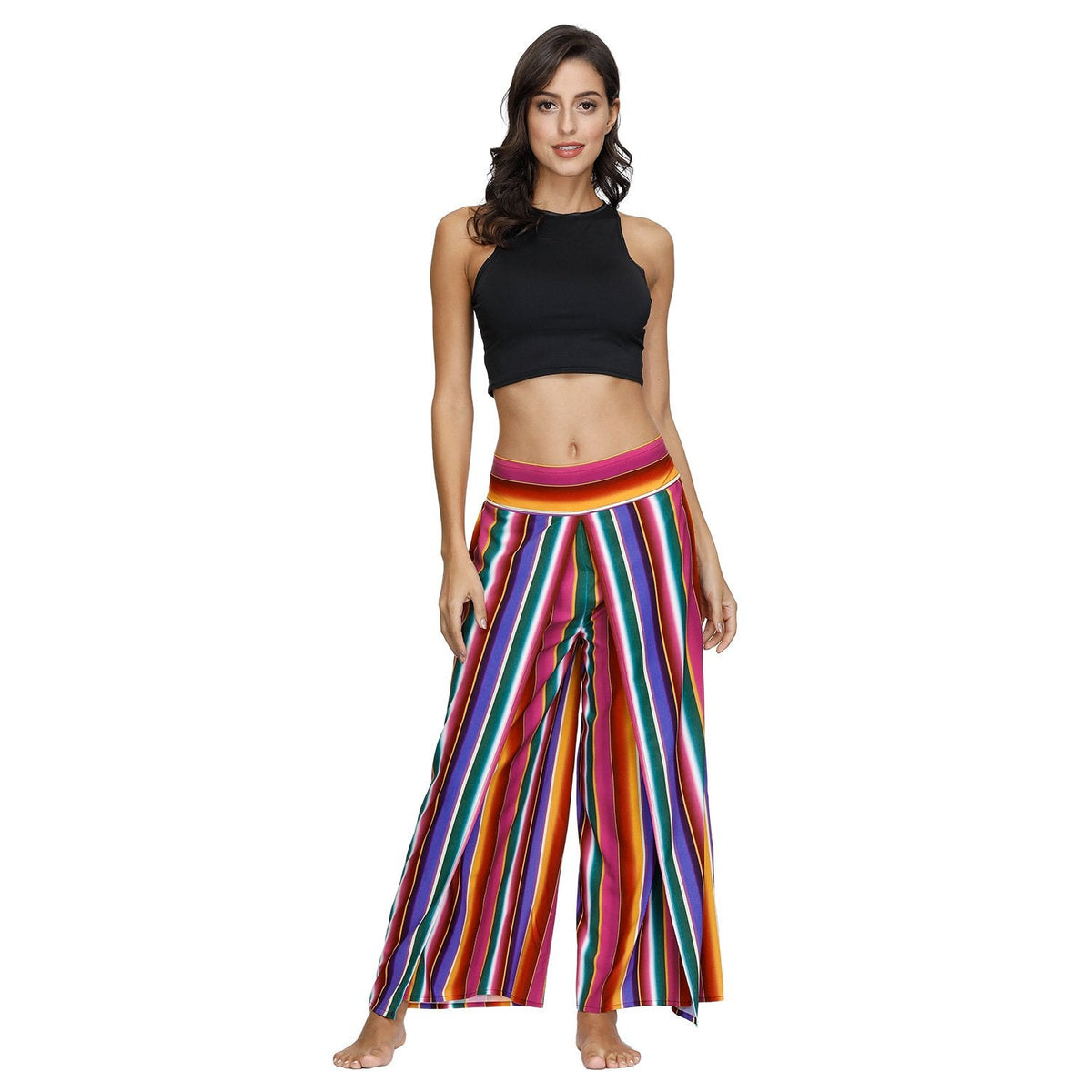 Floral Digital Print Women'S Split Casual Pants Fashion Loose Wide Leg Pants Two Layers Yoga Boho Style Pants
