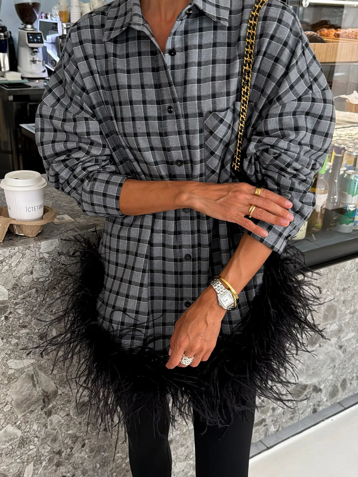 Kaelin Plaid Feather Trim Mini Shirt Dress In Black