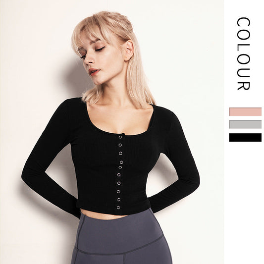 Autumn And Winter Thread Sports Top Women'S Long Sleeve Slim And Breathable Quick Dry Clothes Round Neck Yoga Running Fitness Clothes
