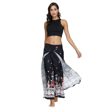 Floral Digital Print Women'S Split Casual Pants Fashion Loose Wide Leg Pants Two Layers Yoga Boho Style Pants