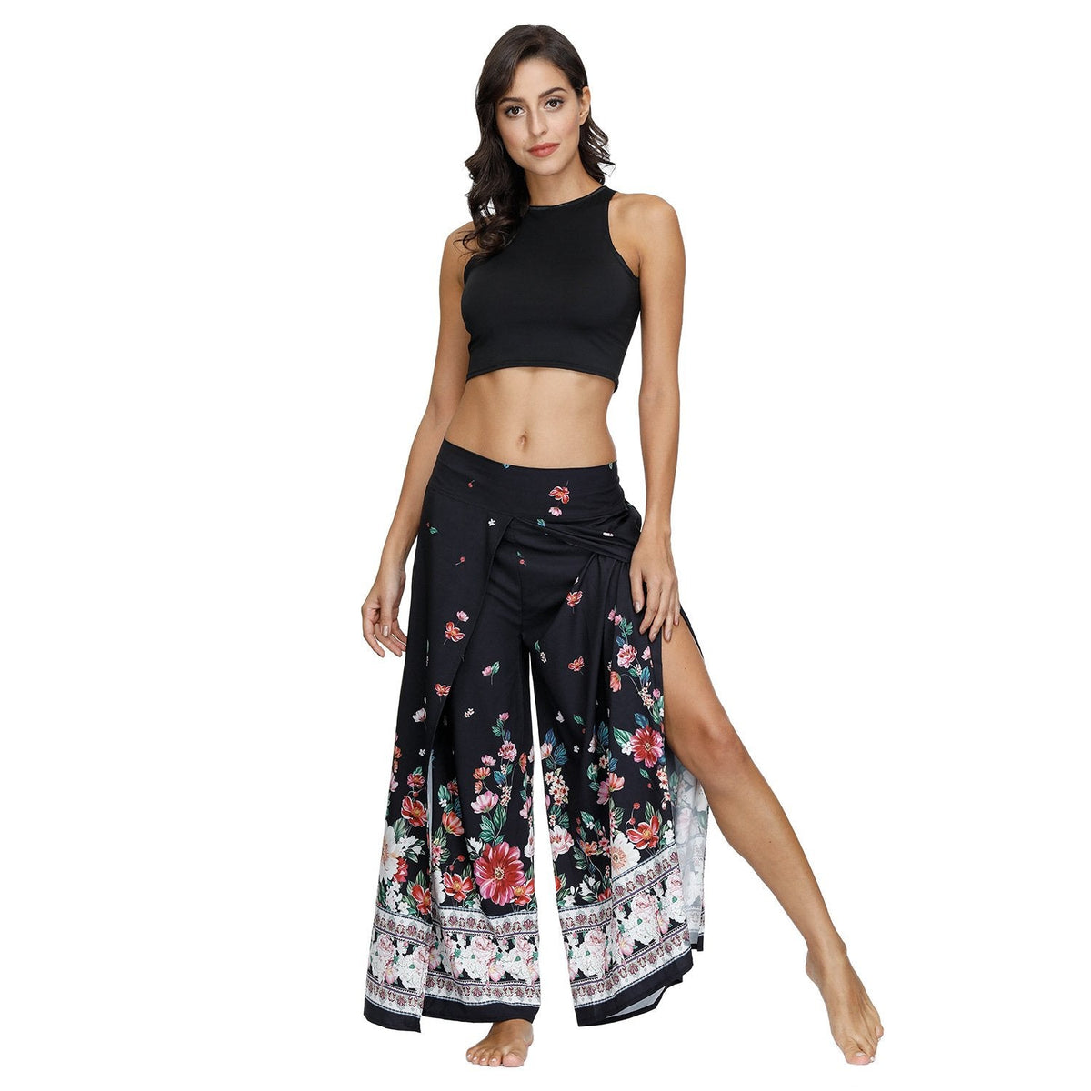 Floral Digital Print Women'S Split Casual Pants Fashion Loose Wide Leg Pants Two Layers Yoga Boho Style Pants