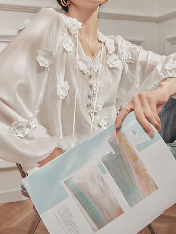 Loose Flower Shape Solid Color Tasseled V-Neck Blouses&Shirts Tops