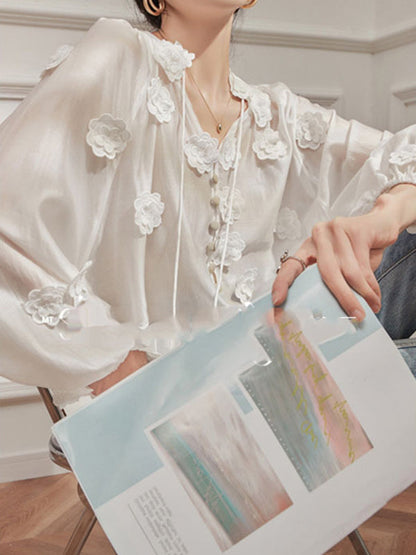 Loose Flower Shape Solid Color Tasseled V-Neck Blouses&Shirts Tops