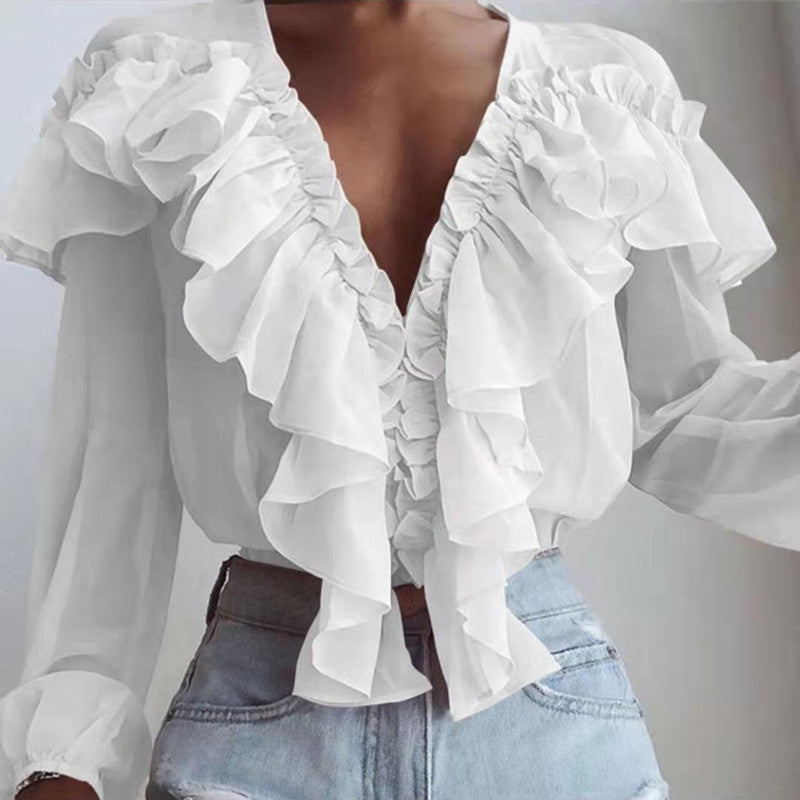 Loose-fit V-neck pullover chiffon shirt with ruffles