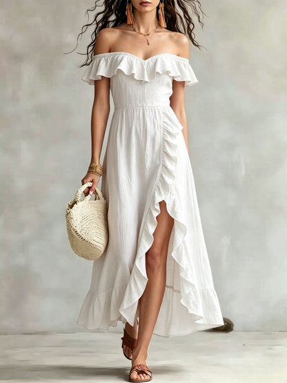 Women's Summer Cotton Off Shoulder Ruffled Ruched Flowy Maxi Dress