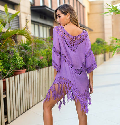V-Neck Half Sleeve Loose Cotton Hemp Hand Hook Joint Knitted Fringe Beach Cover Up