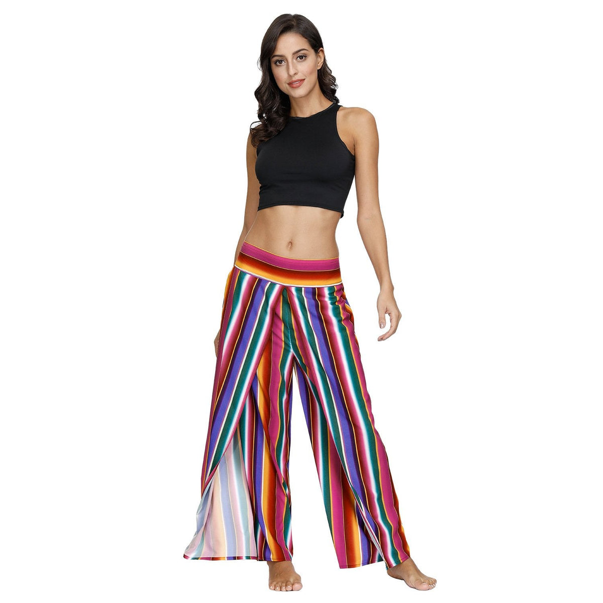 Floral Digital Print Women'S Split Casual Pants Fashion Loose Wide Leg Pants Two Layers Yoga Boho Style Pants