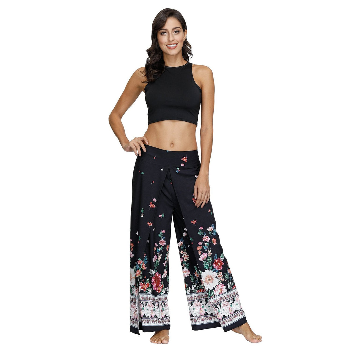Floral Digital Print Women'S Split Casual Pants Fashion Loose Wide Leg Pants Two Layers Yoga Boho Style Pants