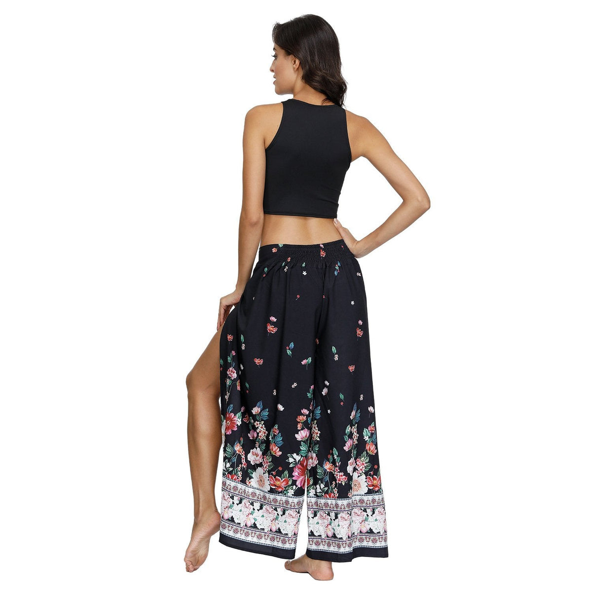 Floral Digital Print Women'S Split Casual Pants Fashion Loose Wide Leg Pants Two Layers Yoga Boho Style Pants