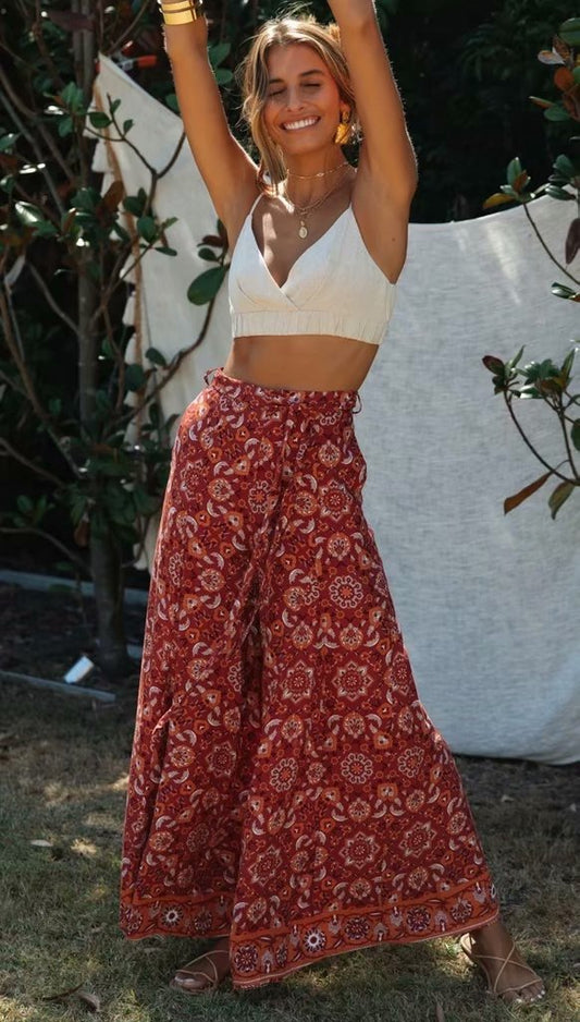 Boho Print Wide Leg Pants Elastic Waist Tie Trousers