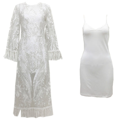 Women'S Banquet Party Evening Dress Lace Embroidered Fringed Dress Two-Piece