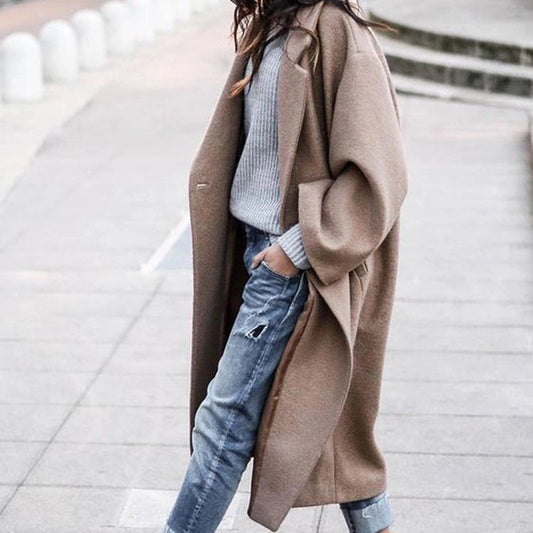 Long Elegant Solid Color Wool Blend Coat