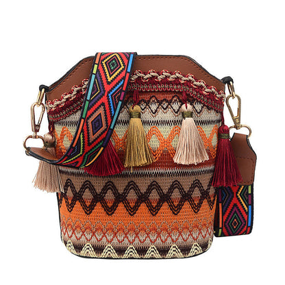 Trendy Woven Bucket Bag for Women with Fringe