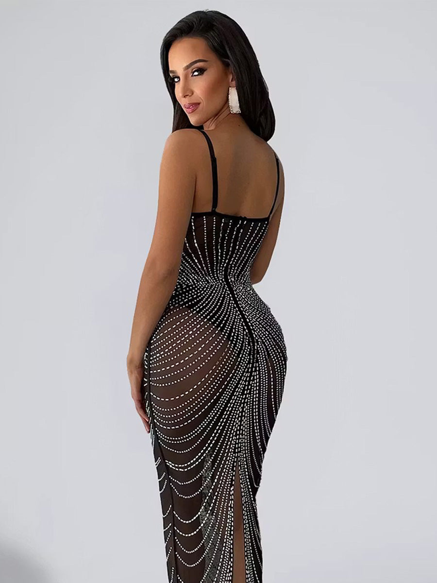 Marcella Rhinestone Mesh Maxi Dress