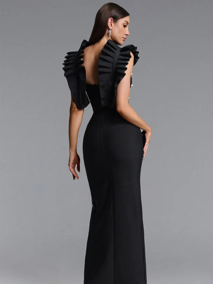 Alissa Pleated Strap Rhinestone Bandage Maxi Dress
