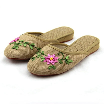 New Handmade Ribbon Embroidered Cloth Shoes Spring, Summer And Autumn Straw Mat Slippers Beef Tendon Bottom Flat-Heeled Indoor Slippers