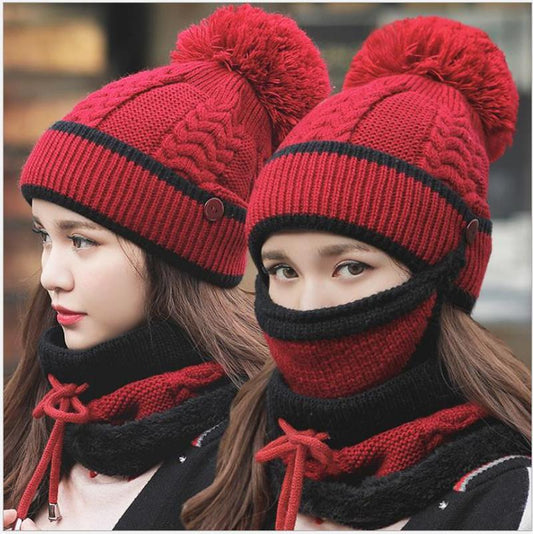 Winter Beanie Hat Scarf And Wind Proof Set 3 Pieces Thick Warm Knit Cap For Women