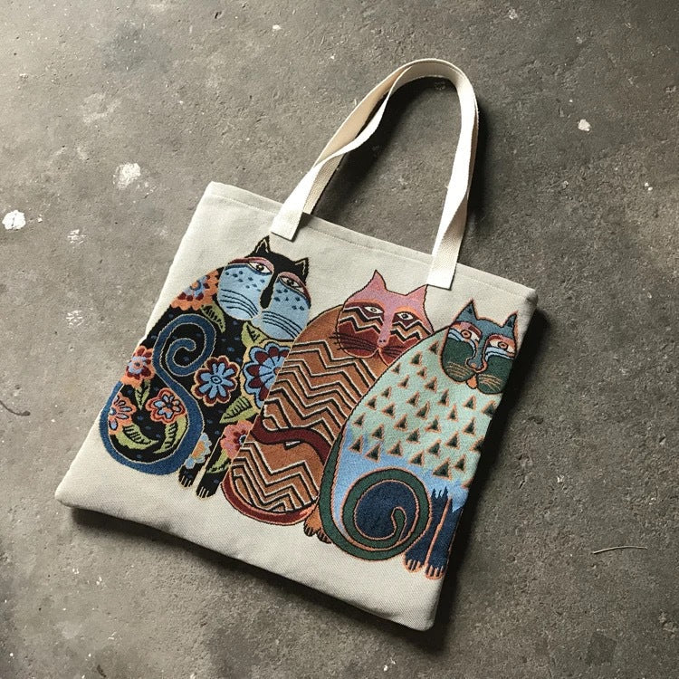 Cat-Themed Canvas Shoulder Bag Trendy Large Tote