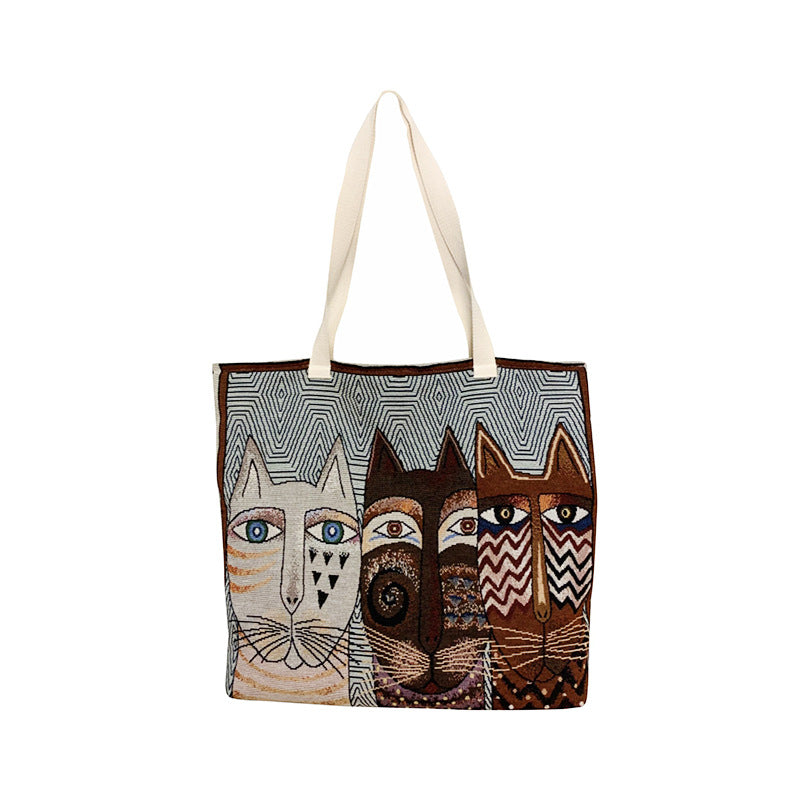 Cat-Themed Canvas Shoulder Bag Trendy Large Tote