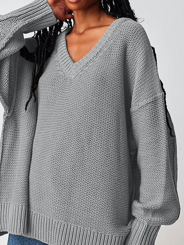 Long Sleeves Loose Solid Color Velvet V-Neck Pullovers Sweater Tops