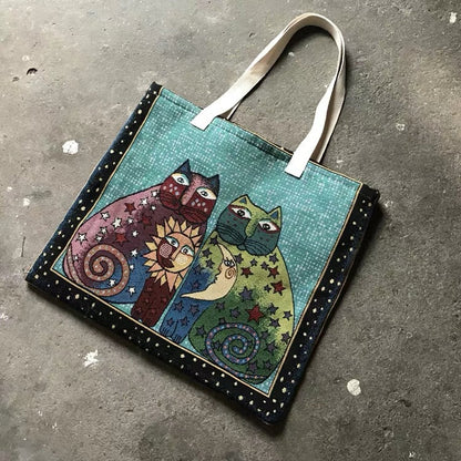 Cat-Themed Canvas Shoulder Bag Trendy Large Tote