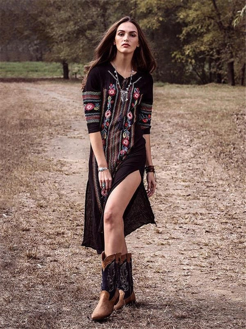 New Rayon Embroidered Mid-Length-Sleeved Beach Skirt Holiday Long Dress