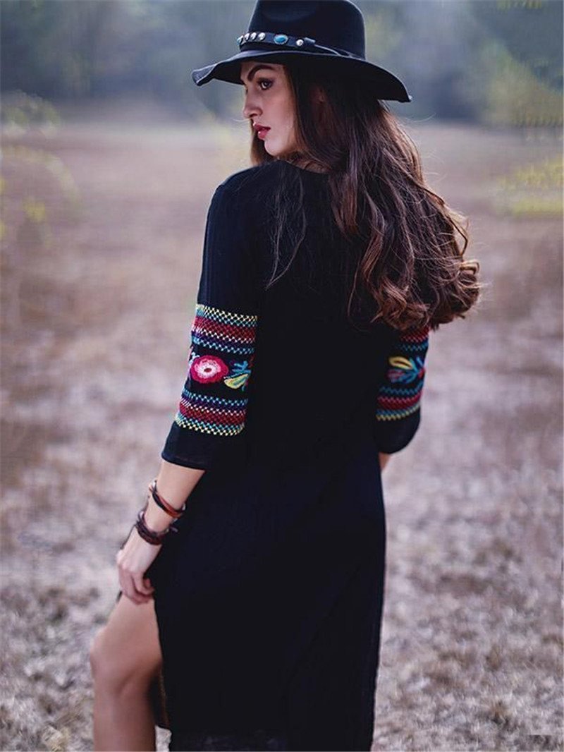 New Rayon Embroidered Mid-Length-Sleeved Beach Skirt Holiday Long Dress