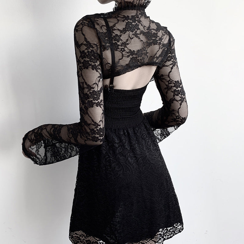 Chic Black Lace Blouse with Stand Collar and Bell Sleeves