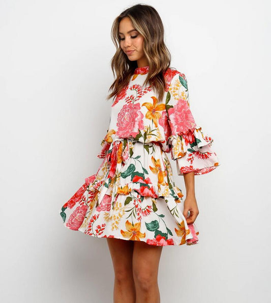 Stylish Print Round-Necked Long-Sleeved Dress