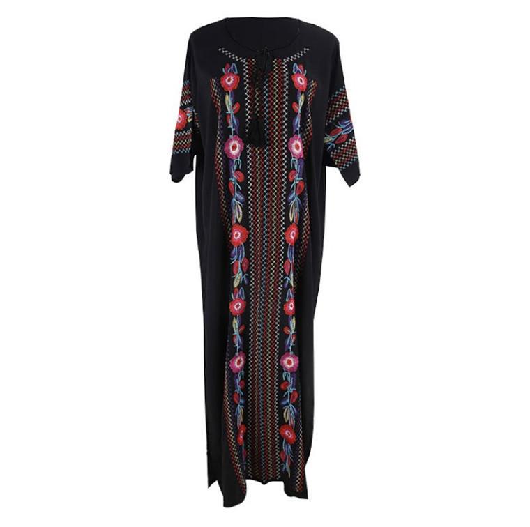 New Rayon Embroidered Mid-Length-Sleeved Beach Skirt Holiday Long Dress