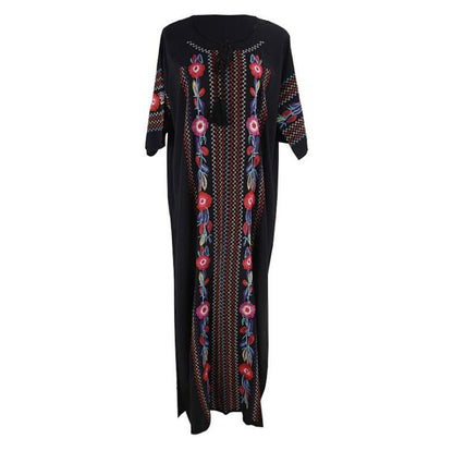 New Rayon Embroidered Mid-Length-Sleeved Beach Skirt Holiday Long Dress