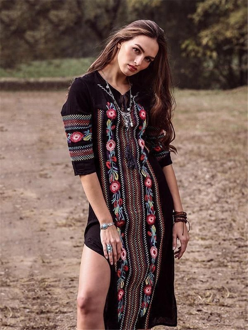 New Rayon Embroidered Mid-Length-Sleeved Beach Skirt Holiday Long Dress