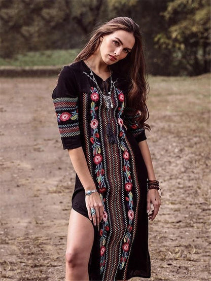 New Rayon Embroidered Mid-Length-Sleeved Beach Skirt Holiday Long Dress