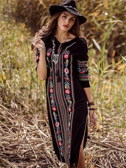 New Rayon Embroidered Mid-Length-Sleeved Beach Skirt Holiday Long Dress