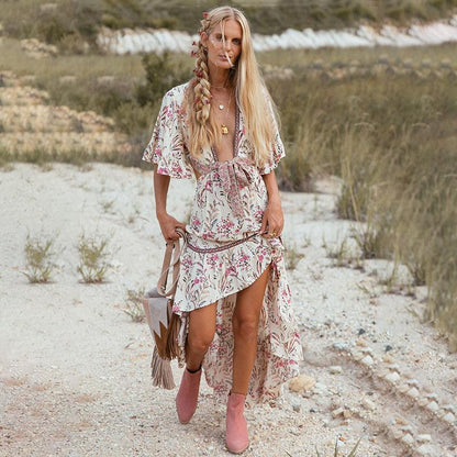Bohemian Deep V Collar Tie With Back-To-Back Retro-Printed Large Irregular Dress