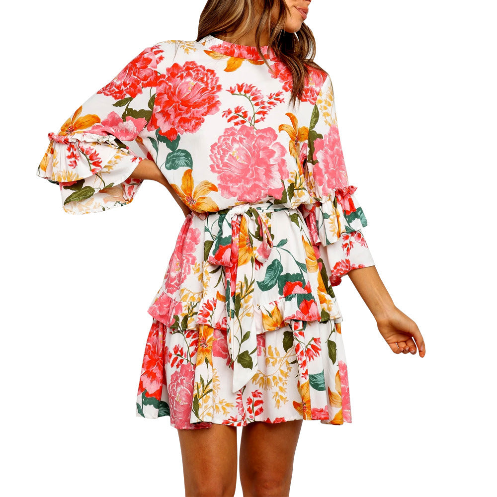 Stylish Print Round-Necked Long-Sleeved Dress