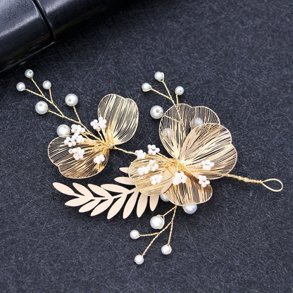 Elegant Golden Flower Headpiece with Earrings for Weddings