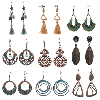 Bohemian Style Geometric Turquoise Tassel Earrings Set