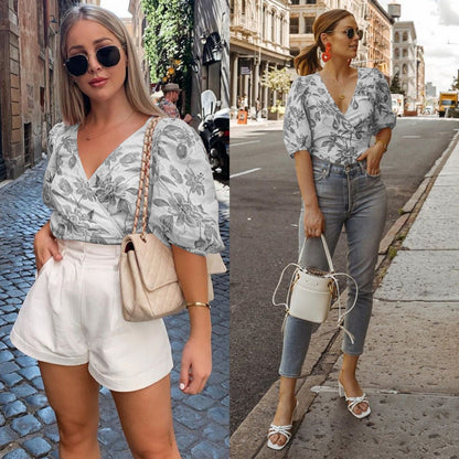 V-Neck Five-Sleeve Printed Blouse