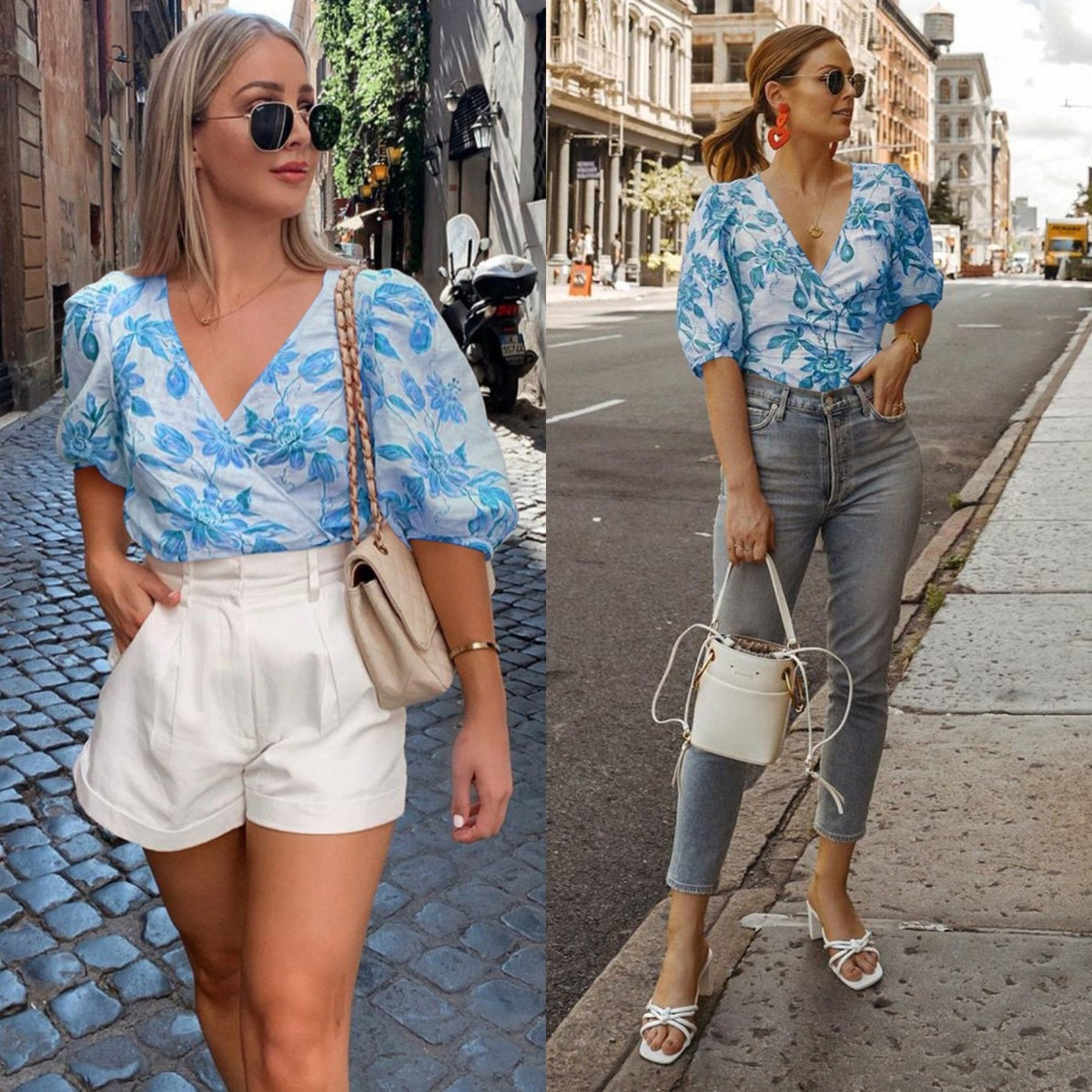 V-Neck Five-Sleeve Printed Blouse