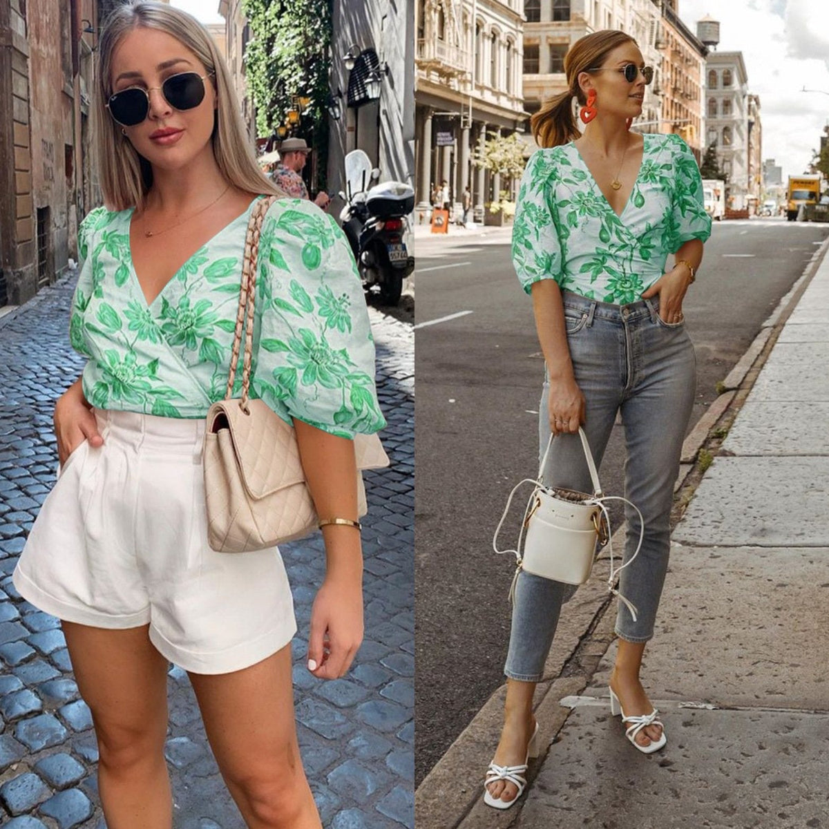 V-Neck Five-Sleeve Printed Blouse