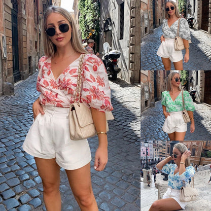 V-Neck Five-Sleeve Printed Blouse